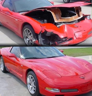 red corvette with front end damage diminished value