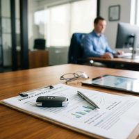 Diminished value insurance appraisal report and vehicle keys on an appraiser desk